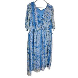 LC Lauren Conrad Floral Pleated Empire Waist Chiffon V Neck Midi Dress Blue 3X